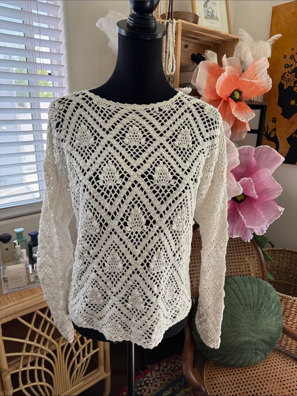 Vintage 80s Contempo Casuals Cream Crochet Knit Boho Hippie Popover Top
